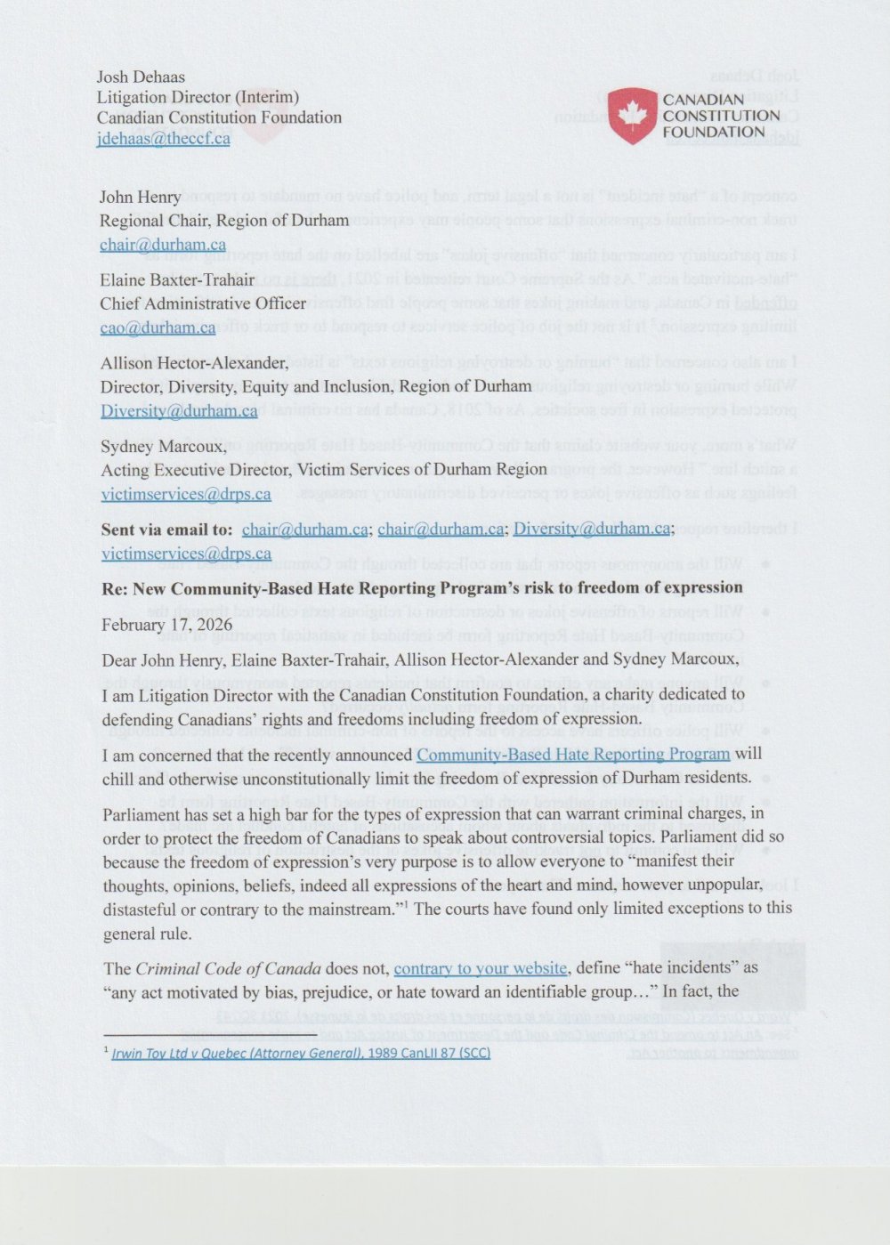 letter from the Canadaian constitution to Durham. Page 1.jpeg